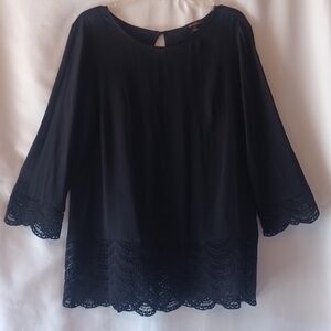 Ella Moss Anthropologie Black Silky Rayon Blouse Crochet Trim 3/4 Sleeve Size XS